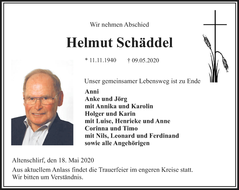  Traueranzeige für Helmut Schäddel vom 18.05.2020 aus VRM Trauer