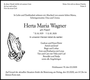 Traueranzeige von Herta Maria Wagner von 205 Hinterländer Anzeiger