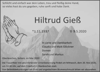 Traueranzeige von Hiltrud Gieß von 582 Camberger Anzeiger
