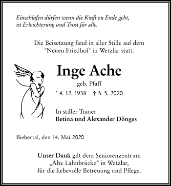 Traueranzeige von Inge Ache von 201 Wetzlarer Neue Zeitung