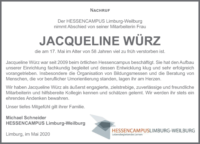  Traueranzeige für Jacqueline Würz vom 22.05.2020 aus 206 Weilburger Tageblatt
