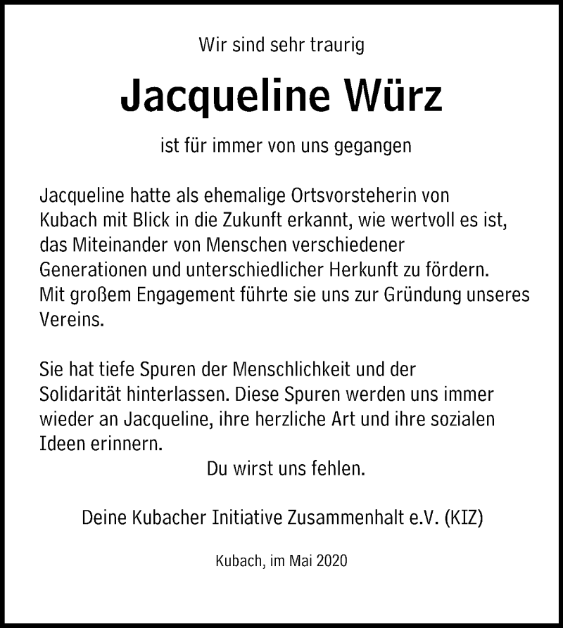 Traueranzeige für Jacqueline Würz vom 22.05.2020 aus 206 Weilburger Tageblatt