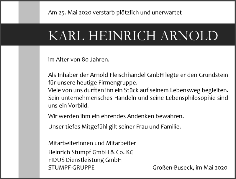  Traueranzeige für Karl Heinrich Arnold vom 30.05.2020 aus 201 Wetzlarer Neue Zeitung