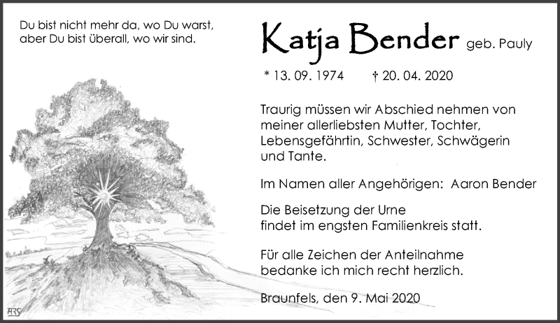 Traueranzeige für Katja Bender vom 09.05.2020 aus 201 Wetzlarer Neue Zeitung
