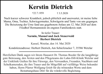 Traueranzeige von Kerstin Dietrich von 201 Wetzlarer Neue Zeitung
