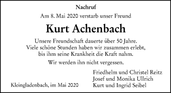 Traueranzeige von Kurt Achenbach von 205 Hinterländer Anzeiger