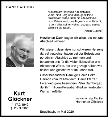 Traueranzeige von Kurt Glöckner von 205 Hinterländer Anzeiger