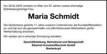 Traueranzeige von Maria Schmidt von 205 Hinterländer Anzeiger