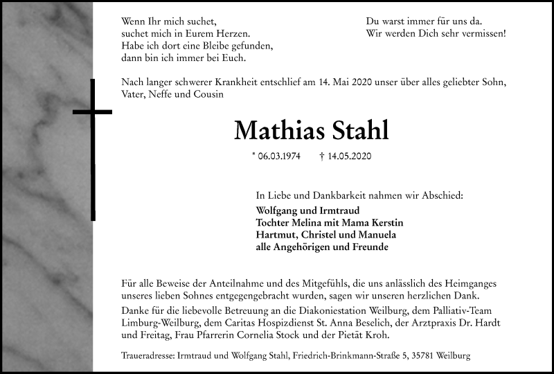  Traueranzeige für Mathias Stahl vom 29.05.2020 aus 206 Weilburger Tageblatt