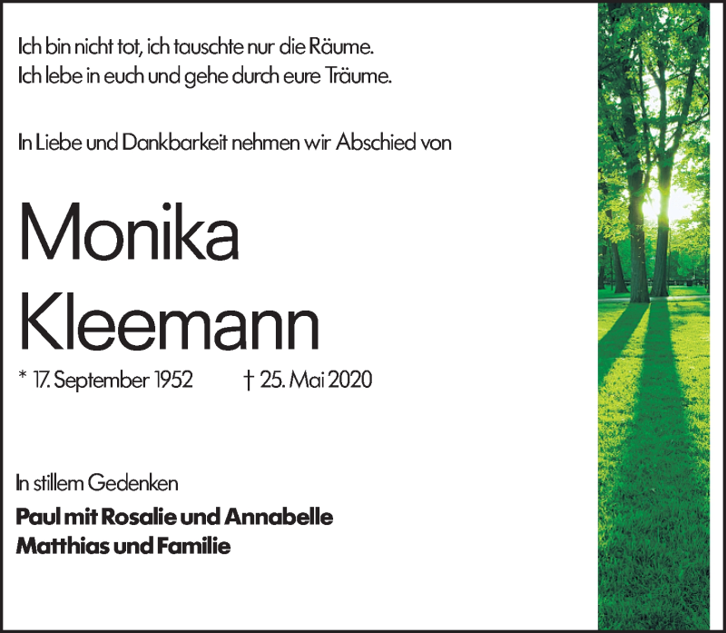  Traueranzeige für Monika Kleemann vom 27.05.2020 aus 206 Weilburger Tageblatt