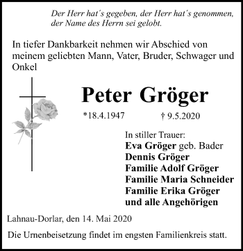 Traueranzeige von Peter Gröger von 201 Wetzlarer Neue Zeitung