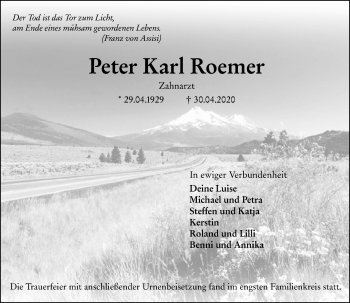 Traueranzeige von Peter Karl Roemer von 205 Hinterländer Anzeiger