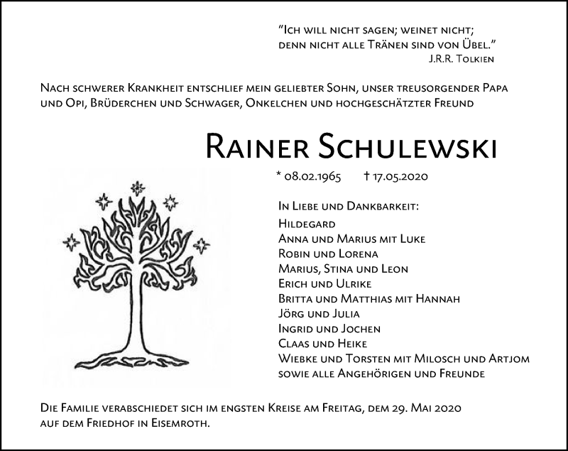  Traueranzeige für Rainer Schulewski vom 27.05.2020 aus 202 Dill Block
