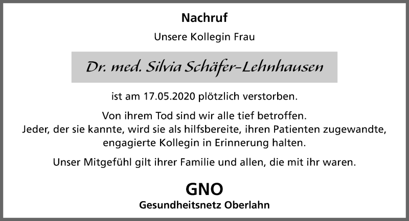  Traueranzeige für Silvia Schäfer-Lehnhausen vom 27.05.2020 aus 206 Weilburger Tageblatt