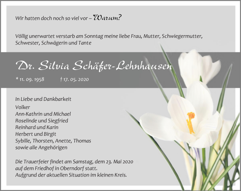  Traueranzeige für Silvia Schäfer-Lehnhausen vom 20.05.2020 aus 206 Weilburger Tageblatt