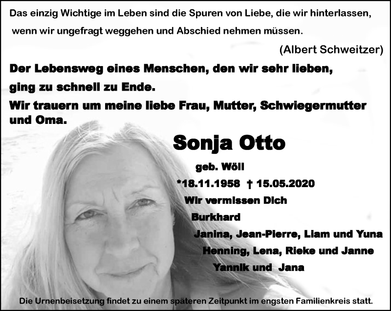  Traueranzeige für Sonja Otto vom 22.05.2020 aus VRM Trauer