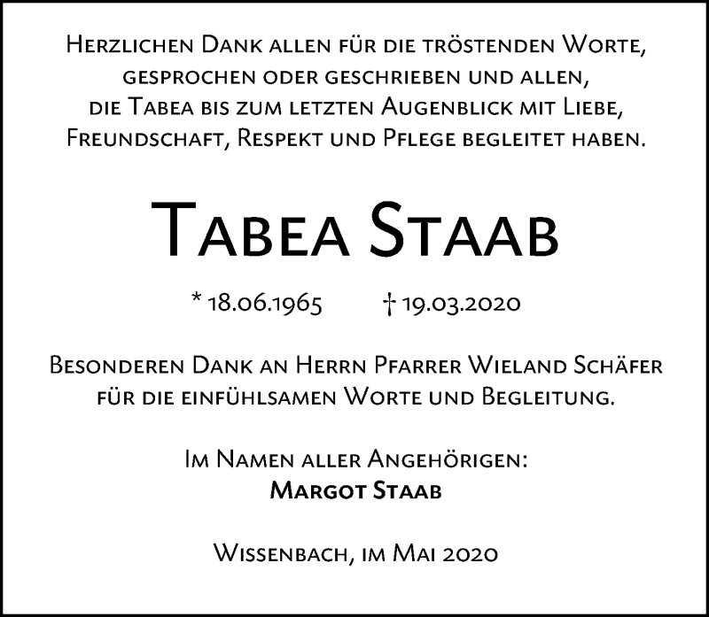  Traueranzeige für Tabea Staab vom 08.05.2020 aus 202 Dill Block
