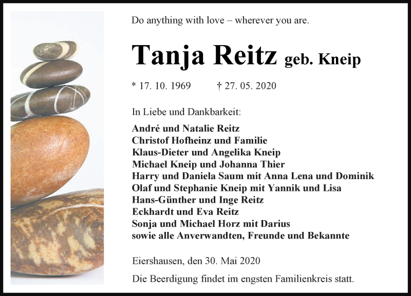  Traueranzeige für Tanja Reitz vom 30.05.2020 aus 202 Dill Block