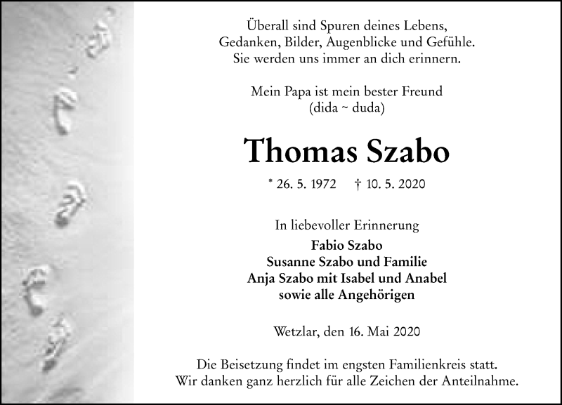  Traueranzeige für Thomas Szabo vom 16.05.2020 aus 201 Wetzlarer Neue Zeitung