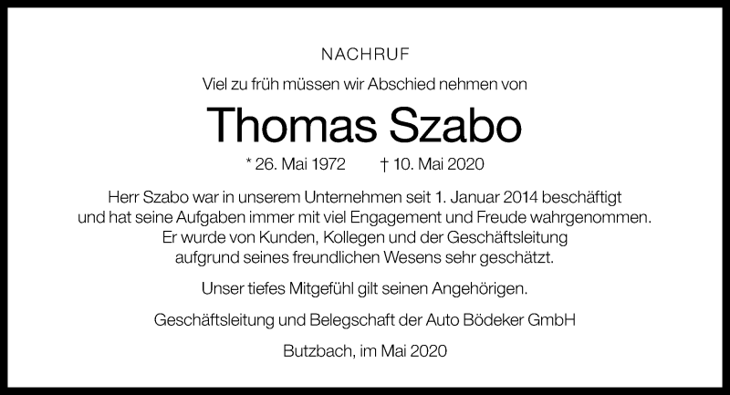  Traueranzeige für Thomas Szabo vom 23.05.2020 aus 201 Wetzlarer Neue Zeitung
