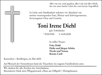 Traueranzeige von Toni Irene Diehl von 201 Wetzlarer Neue Zeitung