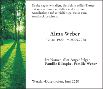 Traueranzeige von Alma Weber von 201 Wetzlarer Neue Zeitung