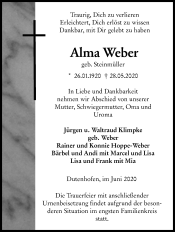 Traueranzeige von Alma Weber von 201 Wetzlarer Neue Zeitung