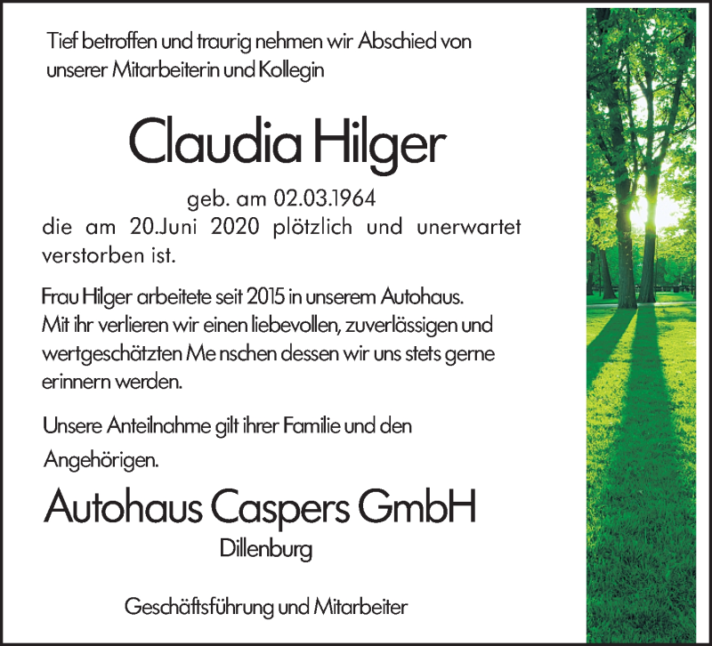  Traueranzeige für Claudia Hilger vom 24.06.2020 aus 202 Dill Block