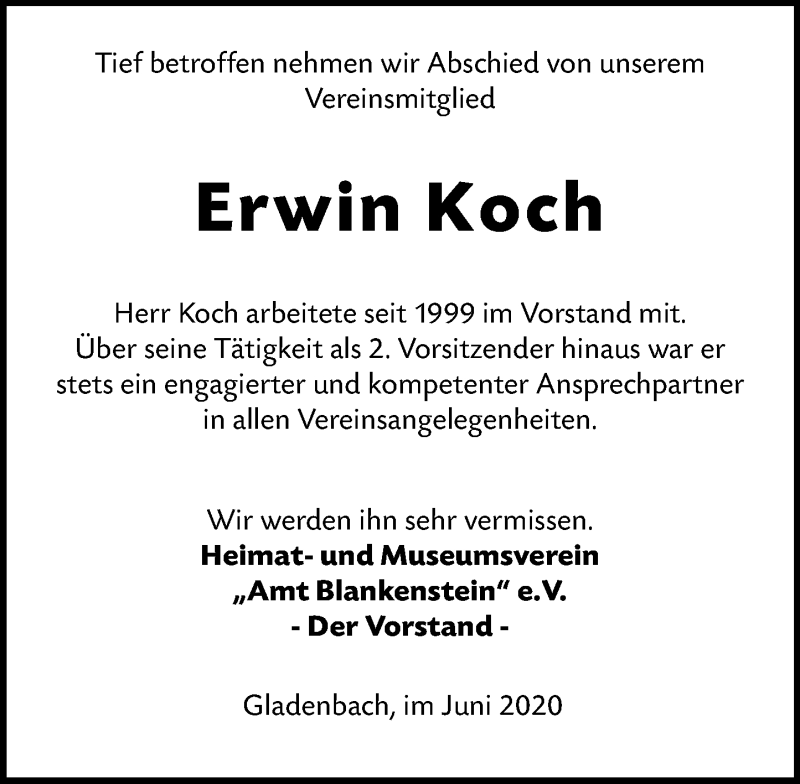  Traueranzeige für Erwin Koch vom 03.06.2020 aus 205 Hinterländer Anzeiger
