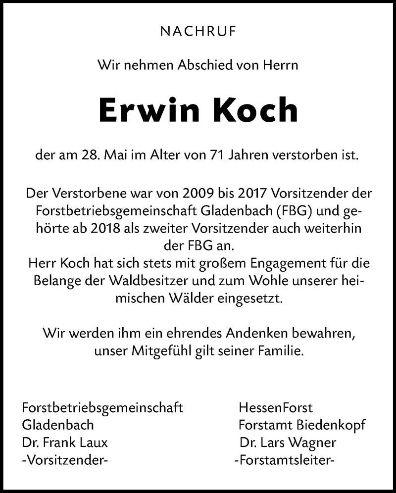  Traueranzeige für Erwin Koch vom 04.06.2020 aus 205 Hinterländer Anzeiger