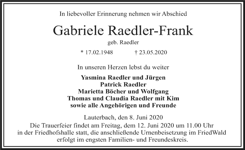  Traueranzeige für Gabriele Raedler-Frank vom 08.06.2020 aus 562 Lauterbacher Anzeiger