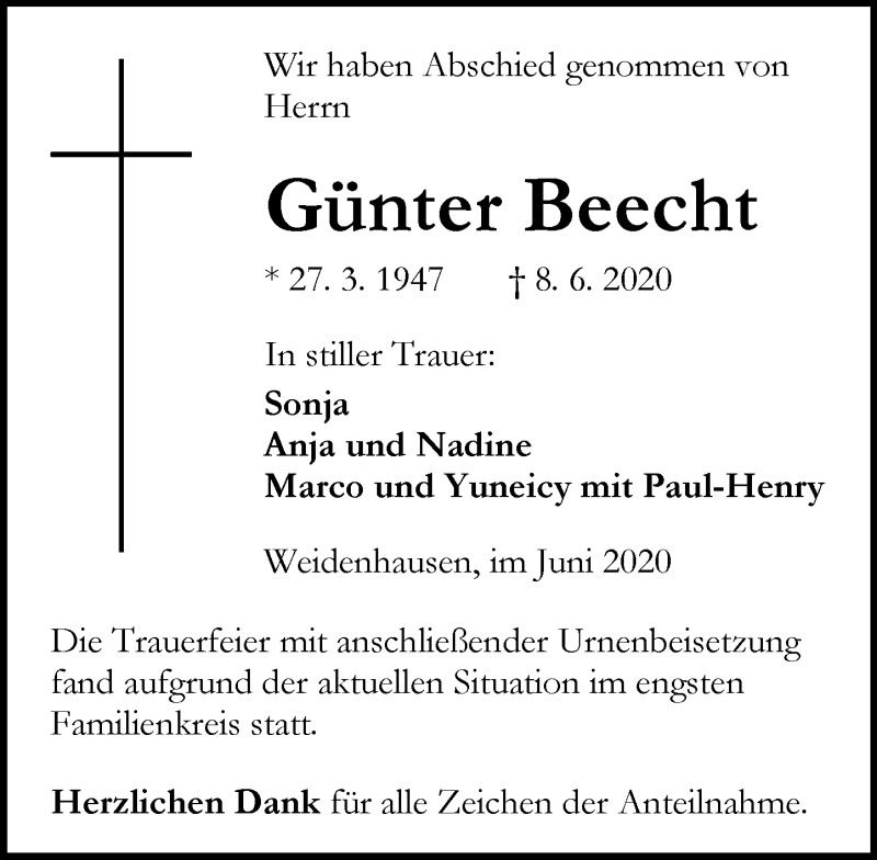  Traueranzeige für Günter Beecht vom 17.06.2020 aus 201 Wetzlarer Neue Zeitung