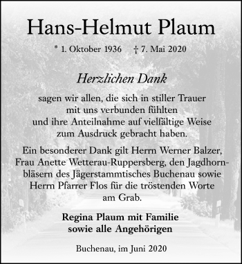 Traueranzeige von Hans-Helmut Plaum von 205 Hinterländer Anzeiger