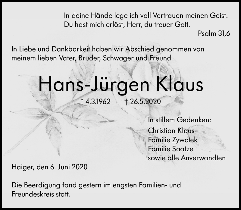  Traueranzeige für Hans-Jürgen Klaus vom 06.06.2020 aus 202 Dill Block
