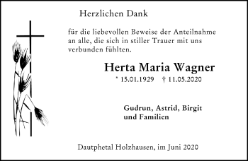 Traueranzeige von Herta Maria Wagner von 205 Hinterländer Anzeiger