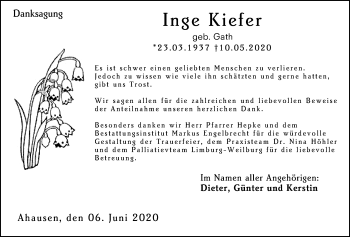 Traueranzeige von Inge Kiefer von 206 Weilburger Tageblatt
