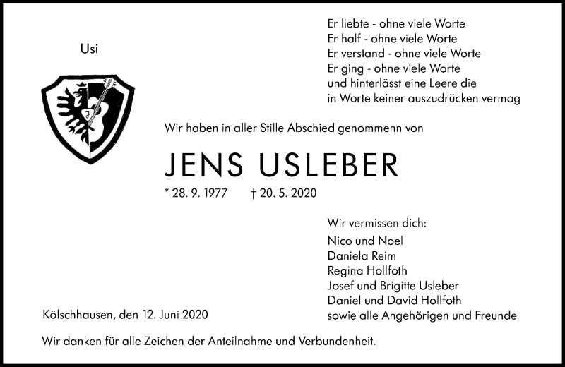  Traueranzeige für Jens Usleber vom 12.06.2020 aus 201 Wetzlarer Neue Zeitung