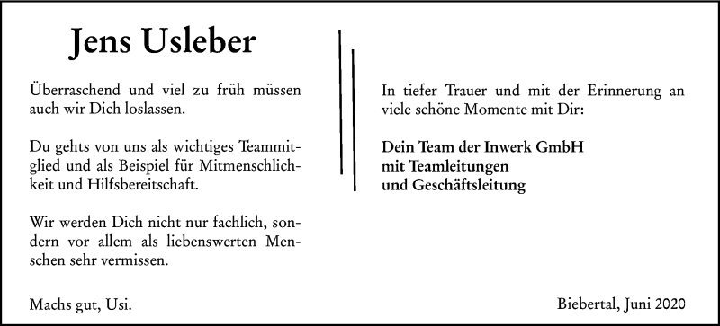  Traueranzeige für Jens Usleber vom 13.06.2020 aus 201 Wetzlarer Neue Zeitung