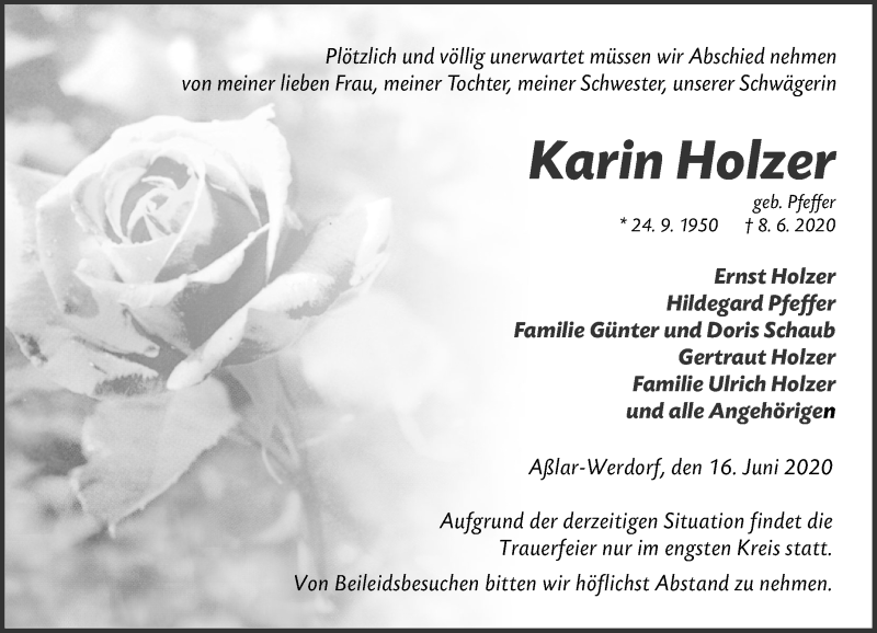  Traueranzeige für Karin Holzer vom 16.06.2020 aus 201 Wetzlarer Neue Zeitung