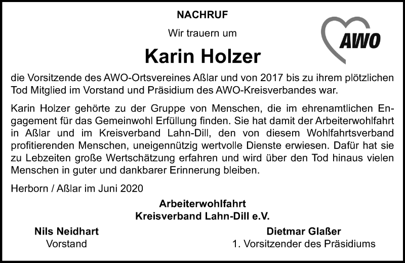  Traueranzeige für Karin Holzer vom 18.06.2020 aus 201 Wetzlarer Neue Zeitung