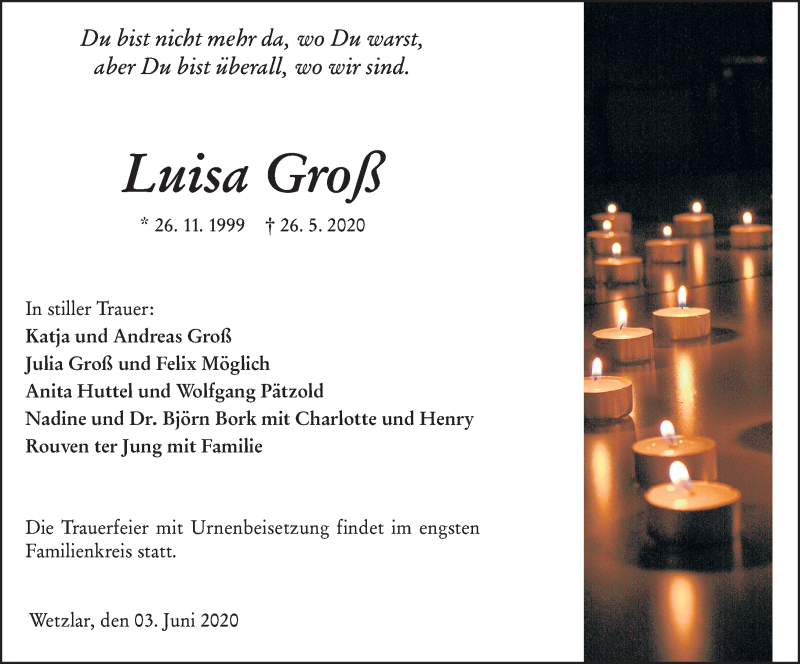  Traueranzeige für Luisa Groß vom 03.06.2020 aus 201 Wetzlarer Neue Zeitung