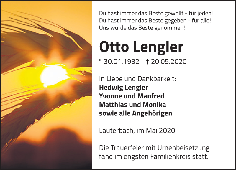  Traueranzeige für Otto Lengler vom 03.06.2020 aus VRM Trauer