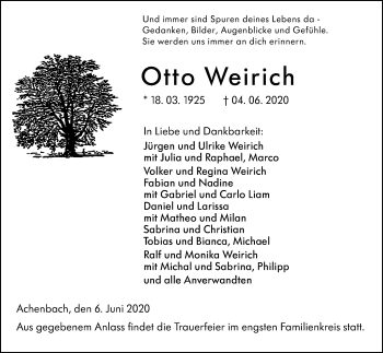 Traueranzeige von Otto Weirich von 205 Hinterländer Anzeiger