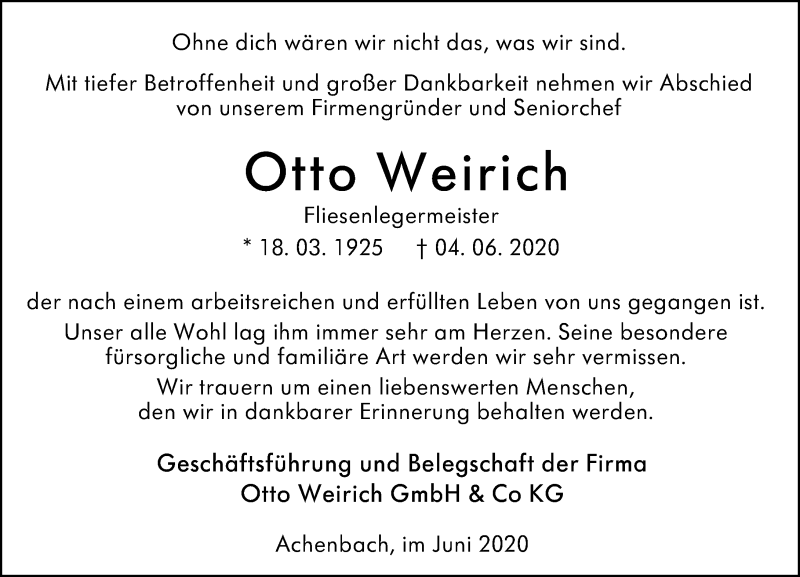  Traueranzeige für Otto Weirich vom 08.06.2020 aus 205 Hinterländer Anzeiger