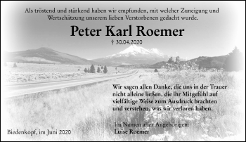 Traueranzeige von Peter Karl Roemer von 205 Hinterländer Anzeiger