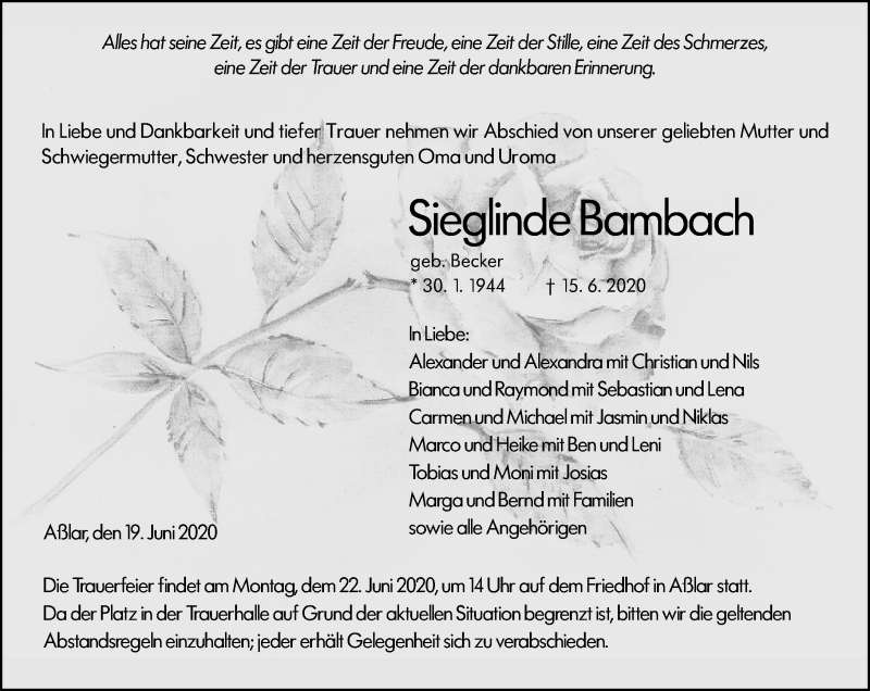  Traueranzeige für Sieglinde Bambach vom 19.06.2020 aus 201 Wetzlarer Neue Zeitung
