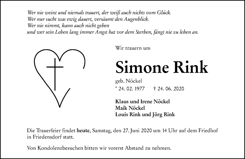  Traueranzeige für Simone Rink vom 27.06.2020 aus 205 Hinterländer Anzeiger