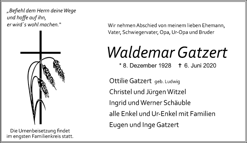  Traueranzeige für Waldemar Gatzert vom 09.06.2020 aus 201 Wetzlarer Neue Zeitung