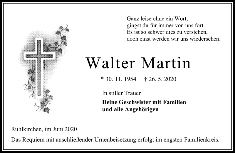  Traueranzeige für Walter Martin vom 06.06.2020 aus 563 Oberhessische Zeitung