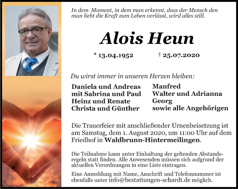  Traueranzeige für Alois Heun vom 29.07.2020 aus 206 Weilburger Tageblatt